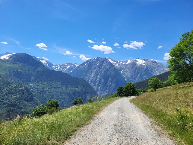 View of the Écrins Mountains past the hamlet of Cluy
